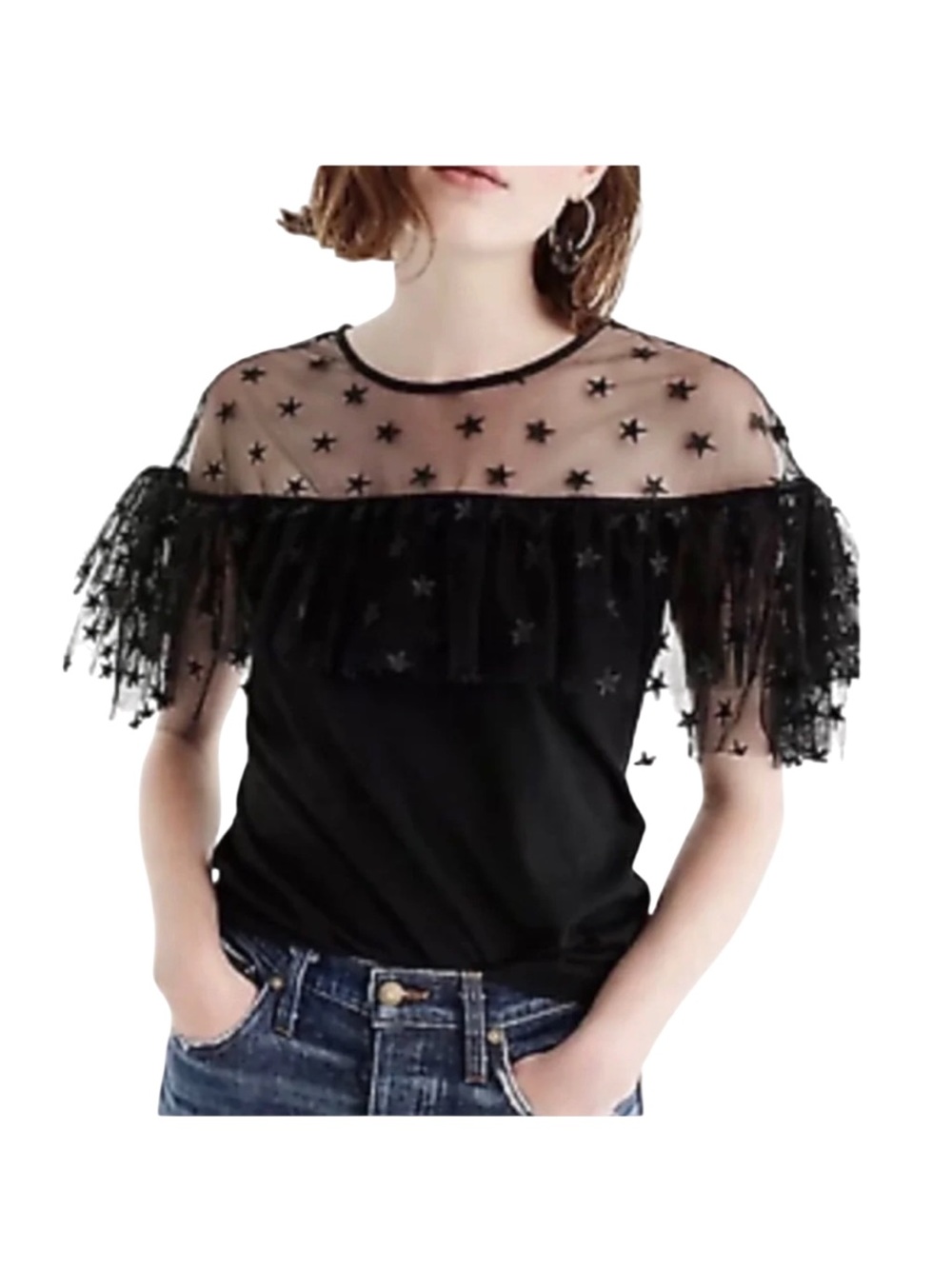 J. Crew Starry Tulle Top Mesh Ruffle Short-Sleeve